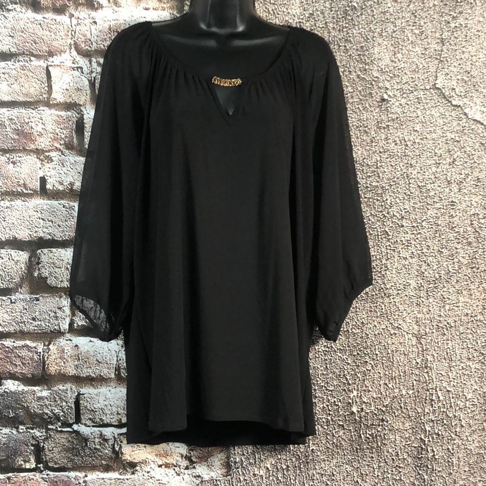 Black Blouse with Sheer Sleeves Gold detail neckline Size 2X
